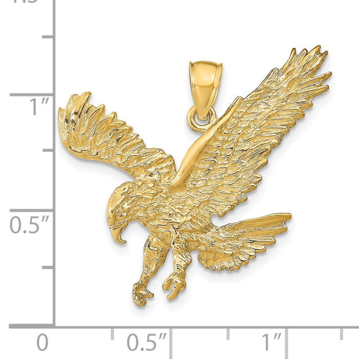 Million Charms 14K Yellow Gold Themed Textured Eagle Landing Pendant