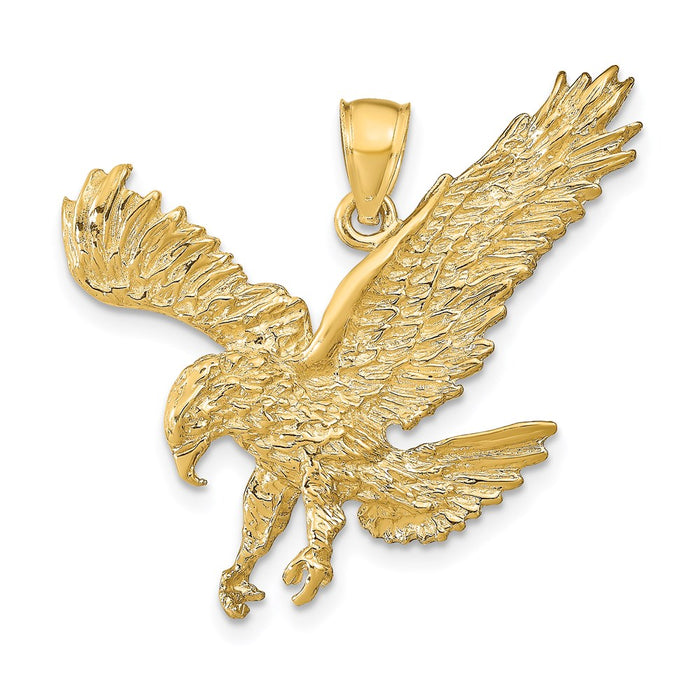 Million Charms 14K Yellow Gold Themed Textured Eagle Landing Pendant