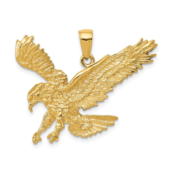 Million Charms 14K Yellow Gold Themed Textured Eagle Landing Pendant