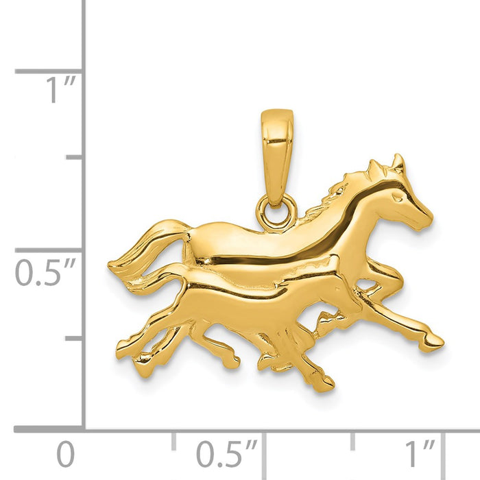 Million Charms 14K Yellow Gold Themed Double Horses Running Pendant