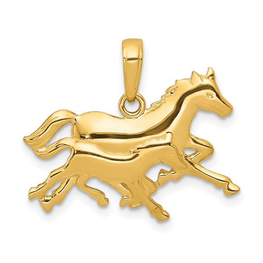 Million Charms 14K Yellow Gold Themed Double Horses Running Pendant