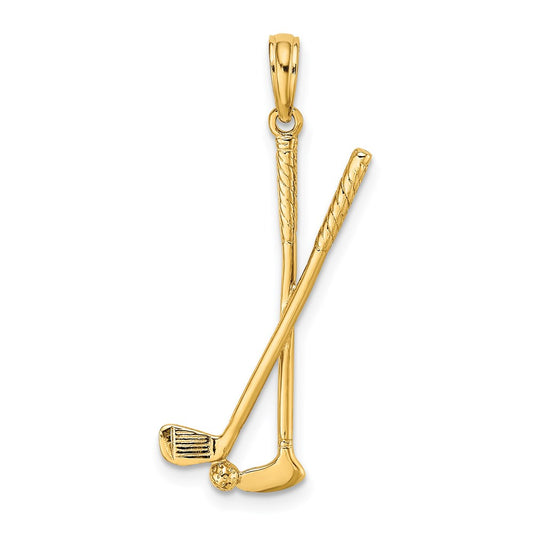 Million Charms 14K Yellow Gold Themed 3-D Double Sports Golf Clubs With Ball Charm