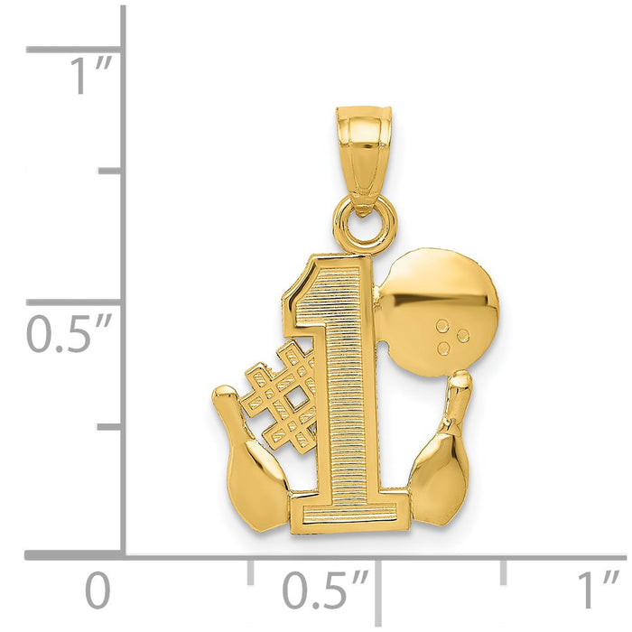 Million Charms 14K Yellow Gold Themed #1 Bowling Story With Ball, 2 Pins Pendant