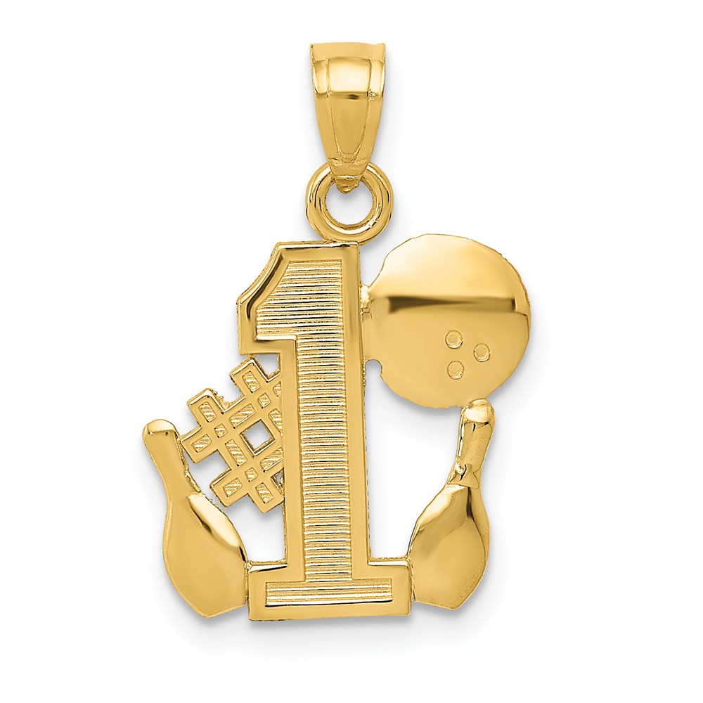 Million Charms 14K Yellow Gold Themed #1 Bowling Story With Ball, 2 Pins Pendant