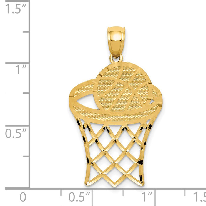 Million Charms 14K Yellow Gold Themed Sports Basketball In Hoop Diamond Cut Pendant