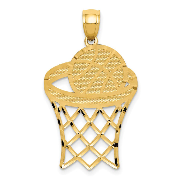 Million Charms 14K Yellow Gold Themed Sports Basketball In Hoop Diamond Cut Pendant
