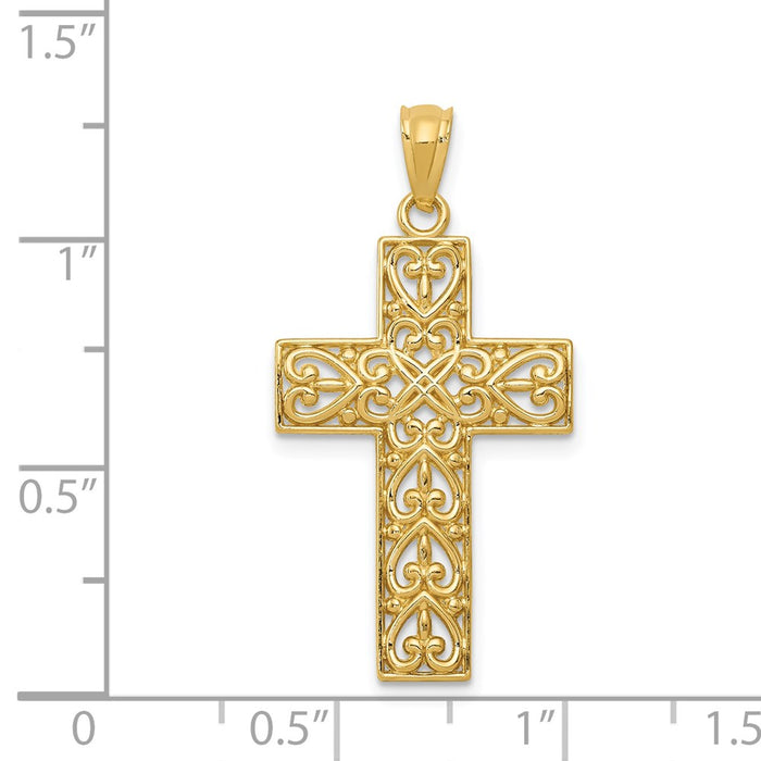 Million Charms 14K Yellow Gold Themed Diamond-Cut Filigree Relgious Cross Pendant