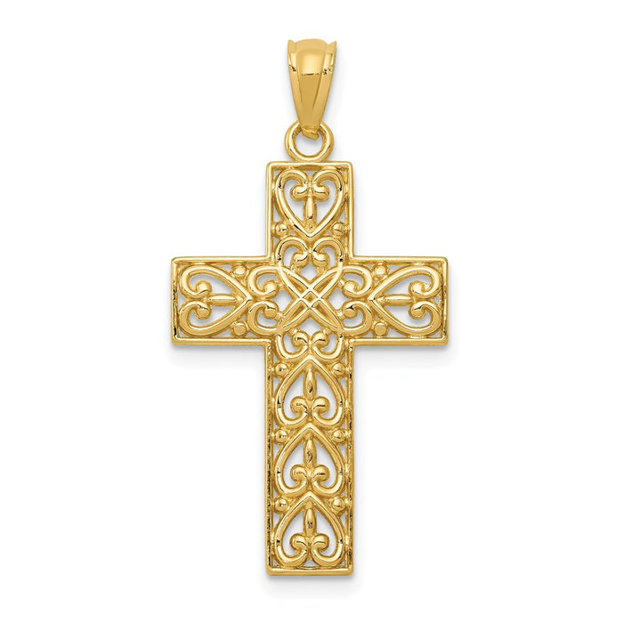 Million Charms 14K Yellow Gold Themed Diamond-Cut Filigree Relgious Cross Pendant