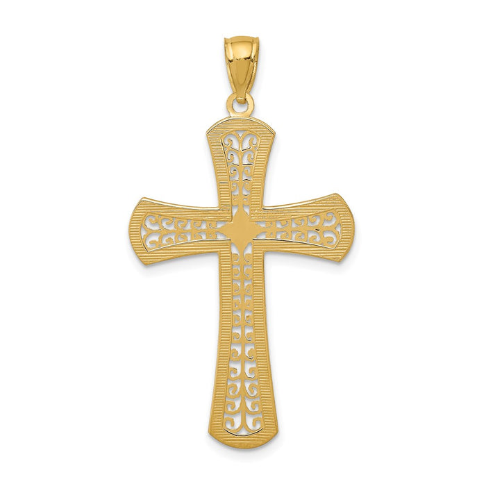 Million Charms 14K Yellow Gold Themed Diamond-Cut Filigree Relgious Cross Pendant