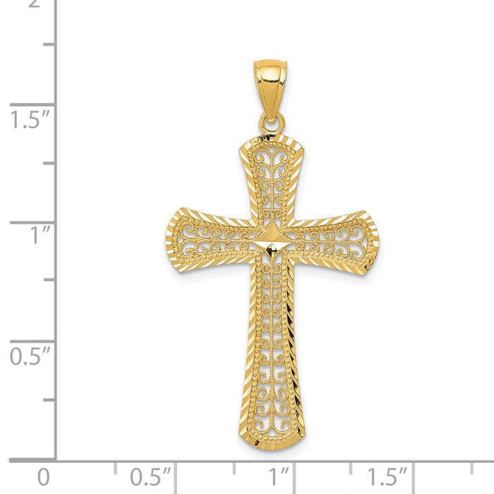 Million Charms 14K Yellow Gold Themed Diamond-Cut Filigree Relgious Cross Pendant