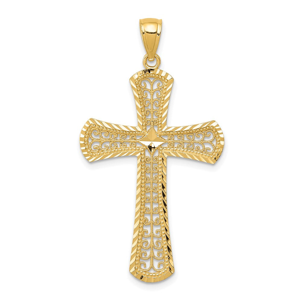 Million Charms 14K Yellow Gold Themed Diamond-Cut Filigree Relgious Cross Pendant