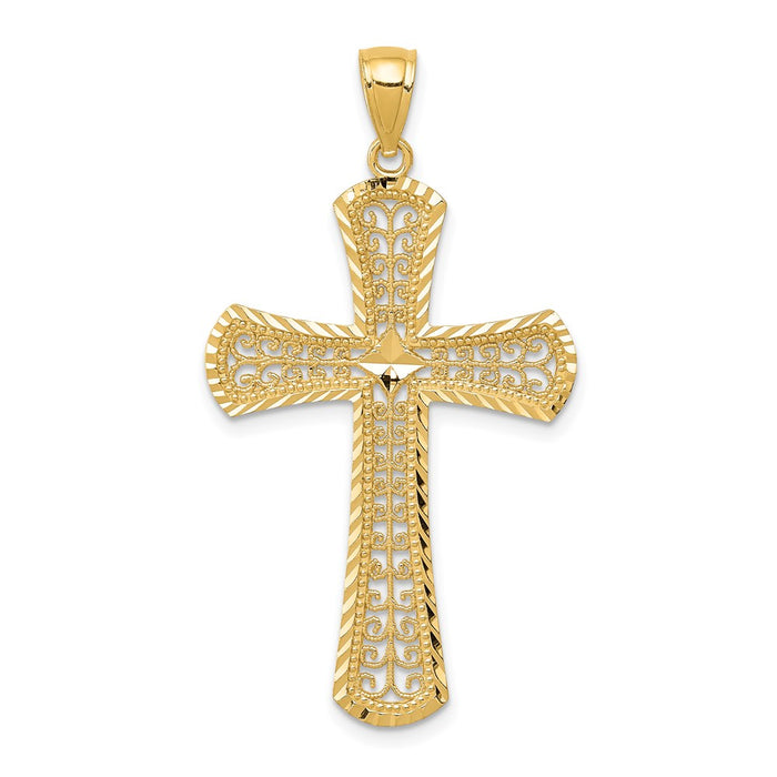 Million Charms 14K Yellow Gold Themed Diamond-Cut Filigree Relgious Cross Pendant