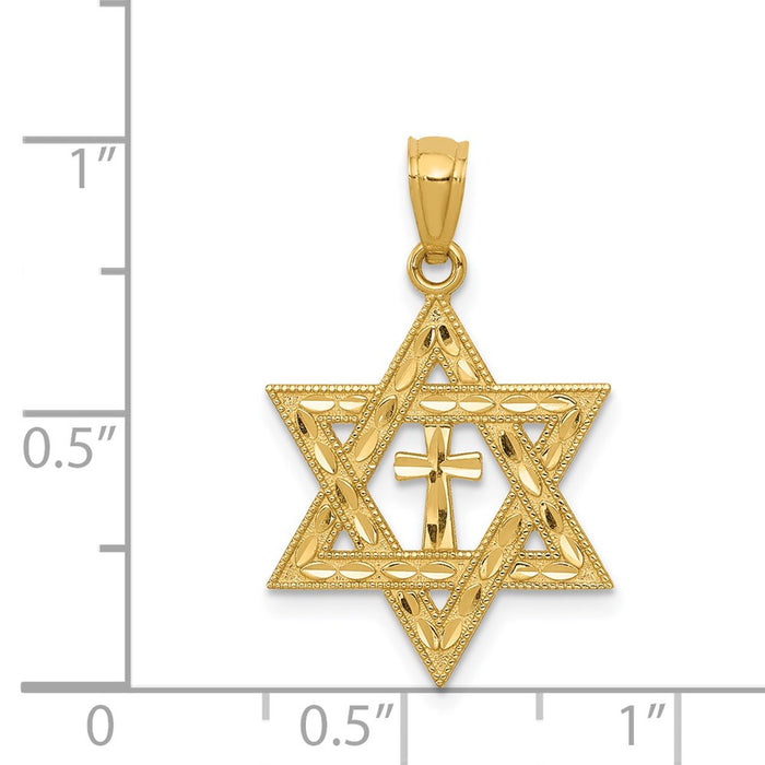 Million Charms 14K Yellow Gold Themed Diamond-Cut Religious Jewish Star Of David With Relgious Cross Pendant