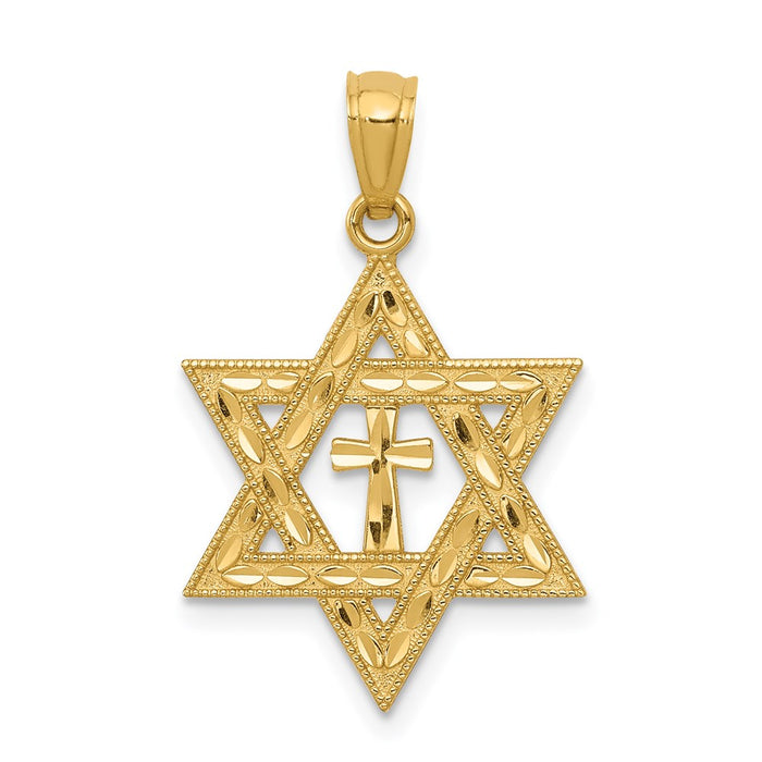 Million Charms 14K Yellow Gold Themed Diamond-Cut Religious Jewish Star Of David With Relgious Cross Pendant