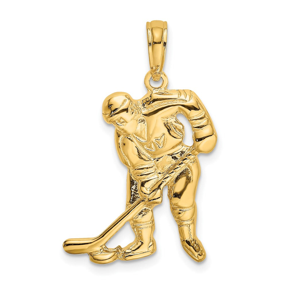 Million Charms 14K Yellow Gold Themed Sports Hockey Player With Stick, Puck Charm