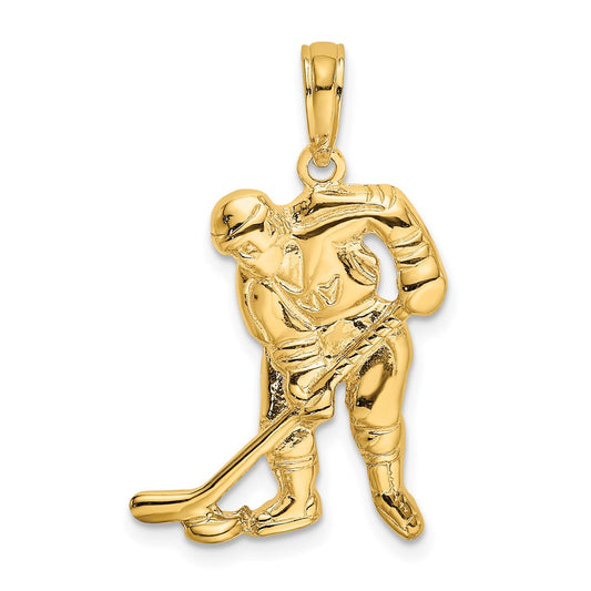 Million Charms 14K Yellow Gold Themed Sports Hockey Player With Stick, Puck Charm