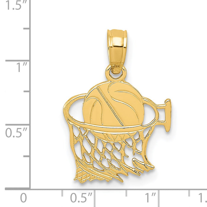 Million Charms 14K Yellow Gold Themed Sports Basketball In Net Pendant