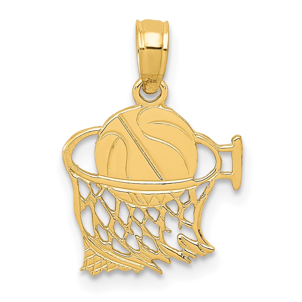 Million Charms 14K Yellow Gold Themed Sports Basketball In Net Pendant