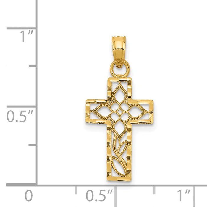 Million Charms 14K Yellow Gold Themed Diamond-Cut Filigree Relgious Cross Pendant