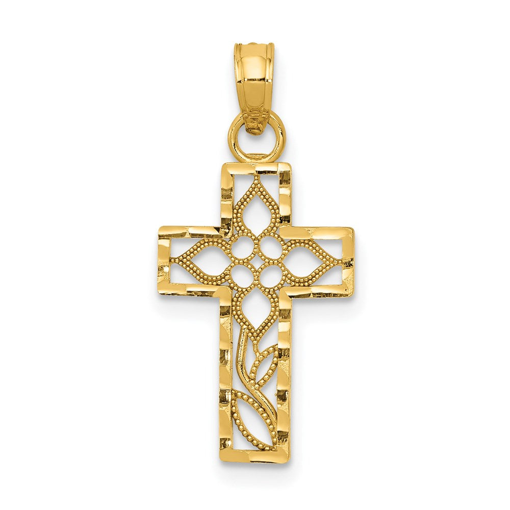 Million Charms 14K Yellow Gold Themed Diamond-Cut Filigree Relgious Cross Pendant