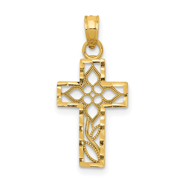 Million Charms 14K Yellow Gold Themed Diamond-Cut Filigree Relgious Cross Pendant