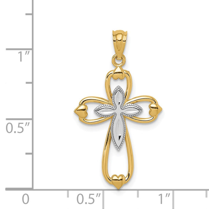 Million Charms 14K Yellow Gold Themed With Rhodium-plated Diamond-Cut Relgious Cross Pendant