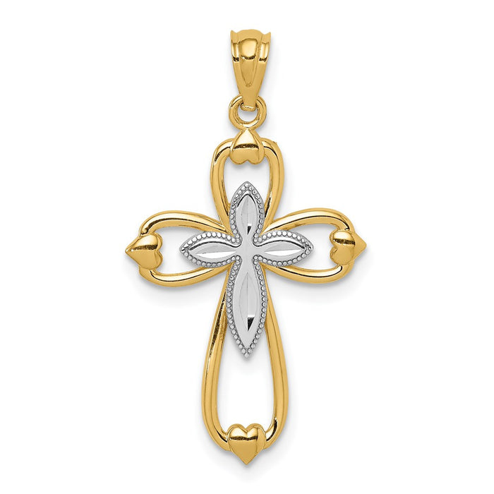 Million Charms 14K Yellow Gold Themed With Rhodium-plated Diamond-Cut Relgious Cross Pendant