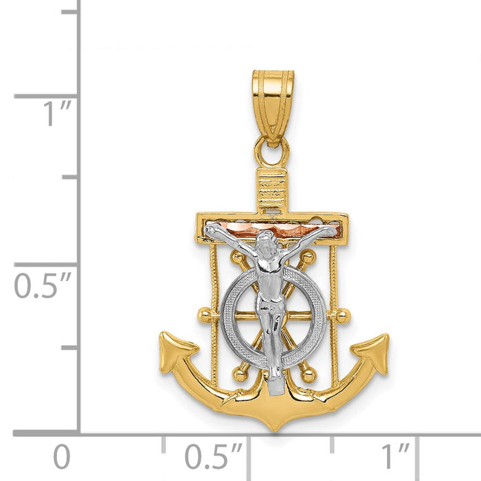 Million Charms 14K Tri-Color Diamond-Cut With Textured Mariner'S Relgious Cross Pendant