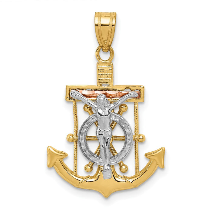 Million Charms 14K Tri-Color Diamond-Cut With Textured Mariner'S Relgious Cross Pendant