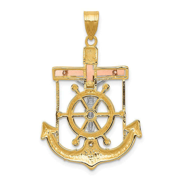 Million Charms 14K Tri-Color Diamond-Cut With Textured Mariner'S Relgious Cross Pendant