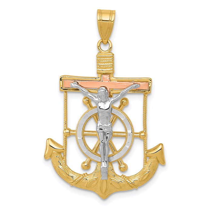 Million Charms 14K Tri-Color Diamond-Cut With Textured Mariner'S Relgious Cross Pendant