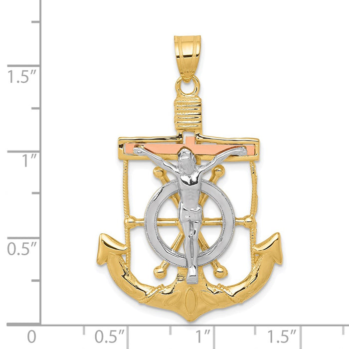 Million Charms 14K Tri-Color Diamond-Cut With Textured Mariner'S Relgious Cross Pendant