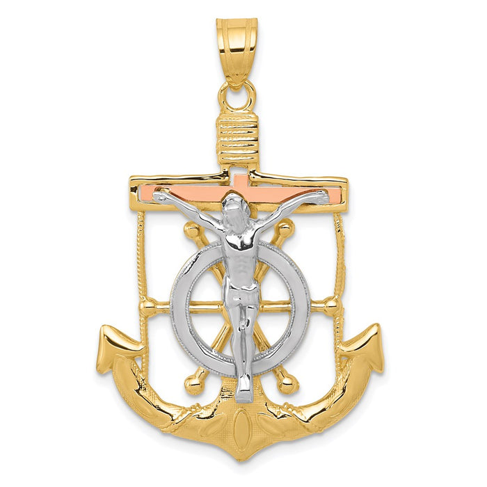 Million Charms 14K Tri-Color Diamond-Cut With Textured Mariner'S Relgious Cross Pendant