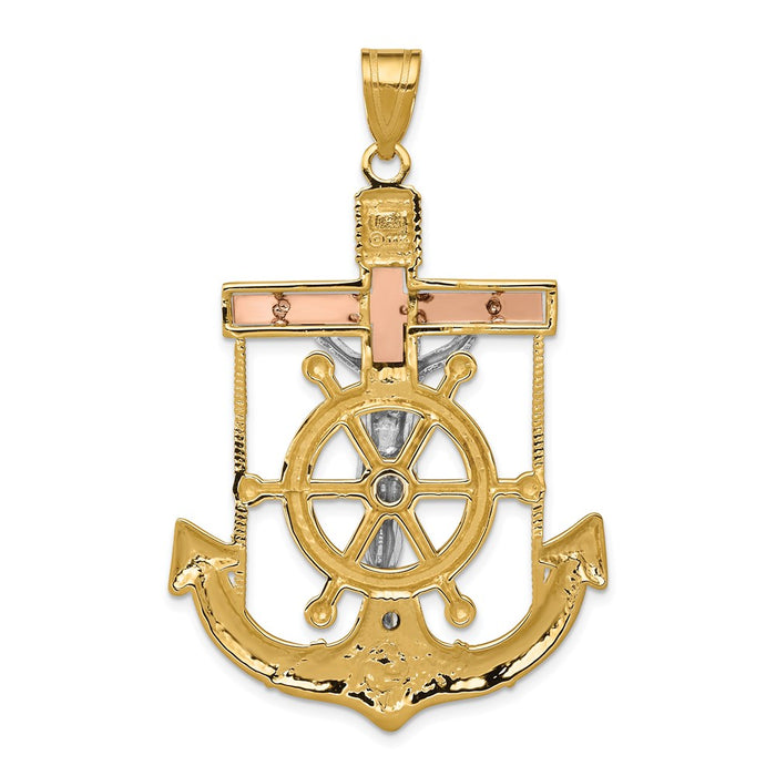 Million Charms 14K Tri-Color Diamond-Cut With Textured Mariner'S Relgious Cross Pendant