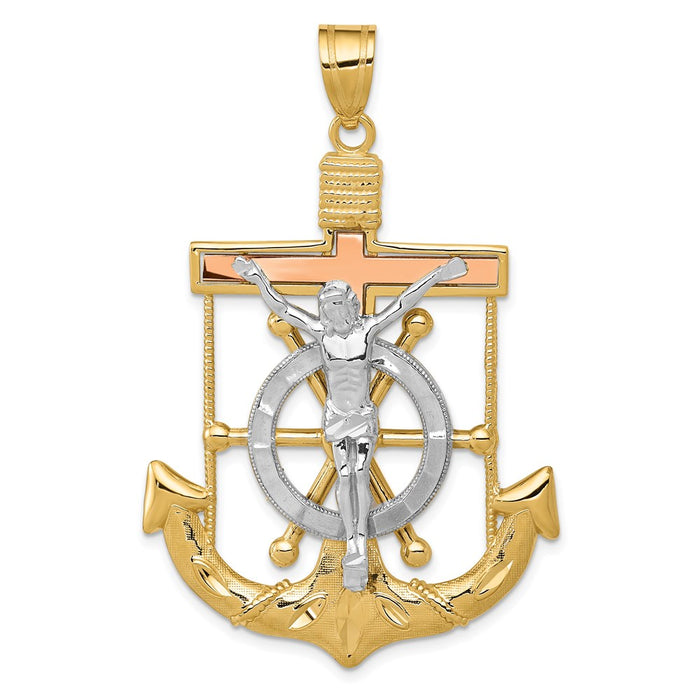 Million Charms 14K Tri-Color Diamond-Cut With Textured Mariner'S Relgious Cross Pendant