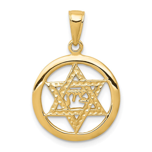 Million Charms 14K Yellow Gold Themed Jewish Chi In Religious Jewish Star Of David Pendant
