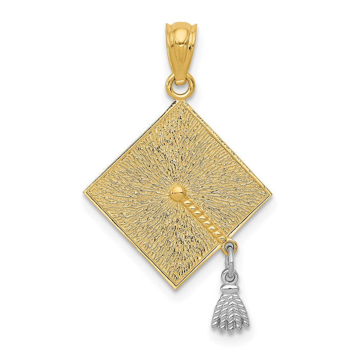 Million Charms 14K Yellow Gold Themed Two-Tone 3-D Graduation Cap With Moveable Tassel Pendant