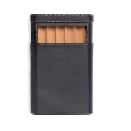 Occasion Gallery Black Color Black Leather Five Cigar Case with Spanish Cedar Lining. Includes a Humidistat (in one of the cigar slots). 8 L x 6.5 W x 1.5 H in.