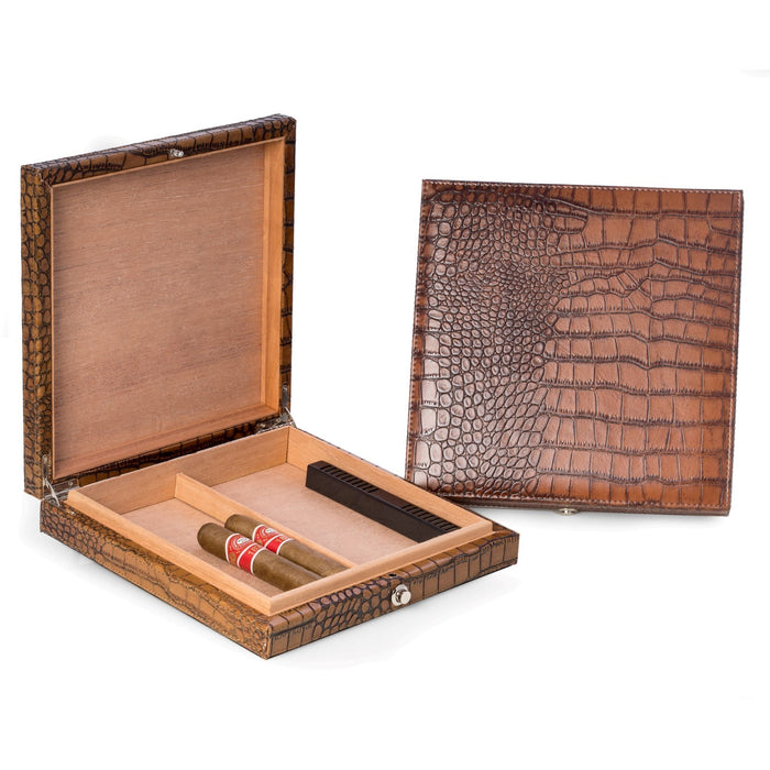 Occasion Gallery Brown Color Brown "Croco" Leather 12 Cigar Humidor with Spanish Cedar Lining and Humidistat. 9 L x 9 W x 1.75 H in.