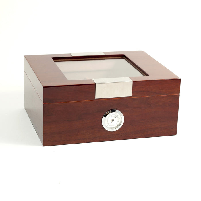 Occasion Gallery Walnut Wood Color Lacquered "Walnut" Wood Humidor with Spanish Cedar Lining and Glass See-thru Lid.  Holds Up To 60 Cigars and Includes a Humidistat and  External Hygrometer.  11.75 L x 9.5 W x 5.25 H in.
