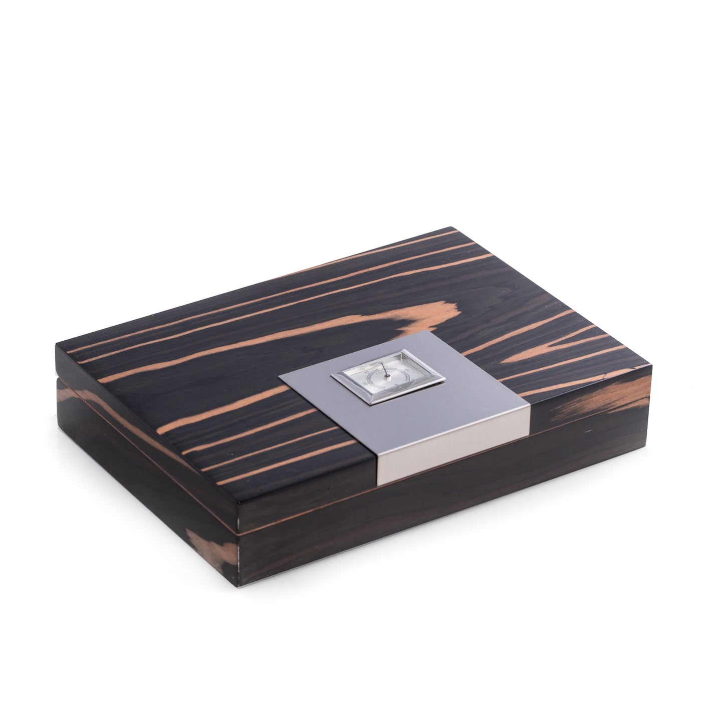 Occasion Gallery Ebony Wood Color Lacquered "Ebony" Wood 12 Cigar Humidor with Spanish Cedar Lining and Stainless Steel Accents. Includes a Humidistat and External Hygrometer. 2 L x 10.75 W x 7.75 H in.
