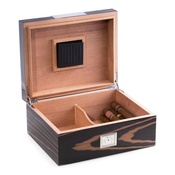 Occasion Gallery Ebony Wood Color Lacquered "Ebony" Wood 60 Cigar Humidor with Spanish Cedar Lining and Stainless Steel Accents. Includes a Humidistat and External Hygrometer. 5 L x 11.75 W x 9.5 H in.