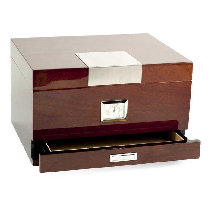 Occasion Gallery Walnut Wood Color Lacquered "Walnut" Wood 60 Cigar Humidor with Spanish Cedar Lining and Accessory Drawer. Includes Humidistat and External Hygrometer.           12 L x 10 W x 7.5 H in.