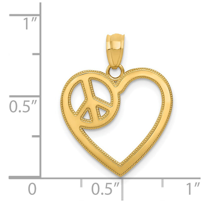 Million Charms 14K Yellow Gold Themed Heart With Peace Sign Pendant