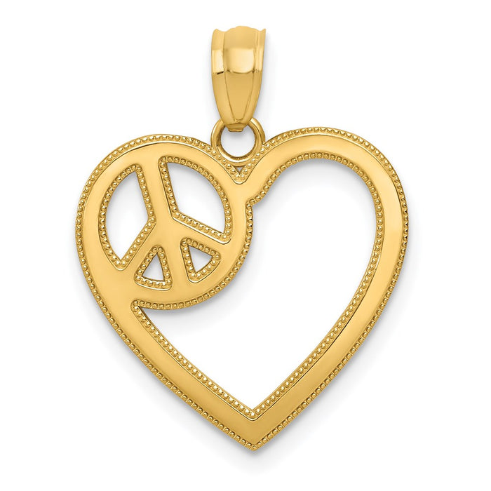 Million Charms 14K Yellow Gold Themed Heart With Peace Sign Pendant