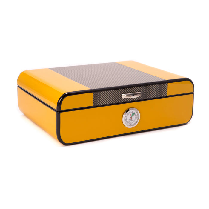 Occasion Gallery Yellow/Grey Color "Carbon Fiber" & Yellow Lacquered Wood 25 Cigar Humidor with Spanish Cedar Lining and Chrome Accents. Includes a Humidistat and External Hygrometer. 11 L x 7.75 W x 3.5 H in.