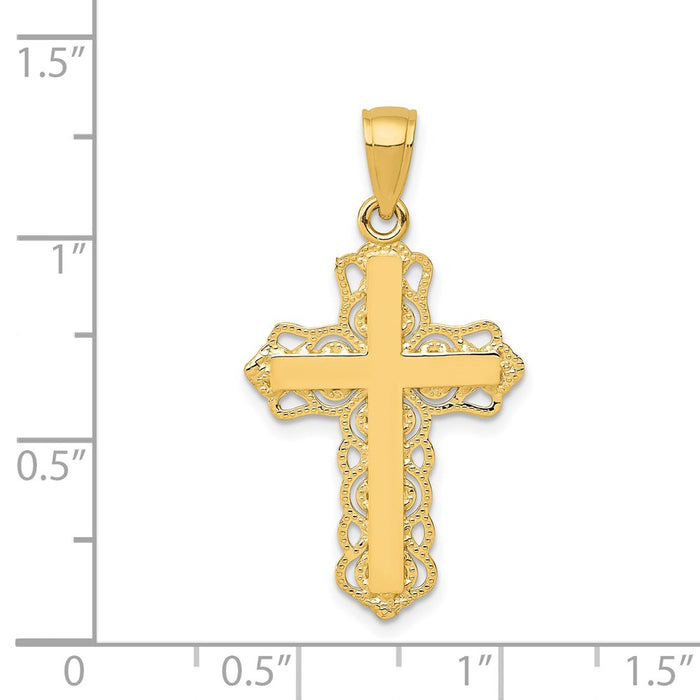 Million Charms 14K Yellow Gold Themed Lace Trim Relgious Cross Pendant