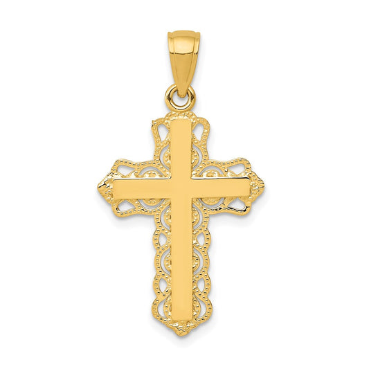 Million Charms 14K Yellow Gold Themed Lace Trim Relgious Cross Pendant