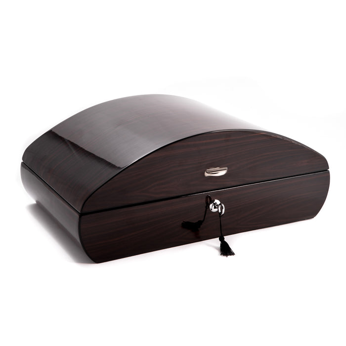 Occasion Gallery Ebony Color Lacquered "Ebony" Wood 100 Cigar Humidor with Spanish Cedar Lining and Tray. Includes a Humidistat and Digital Hygrometer. 16.5 L x 10.25 W x 6.5 H in.
