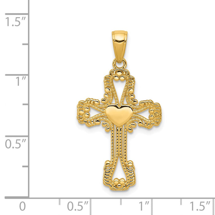 Million Charms 14K Yellow Gold Themed Beaded Relgious Cross With Heart Pendant